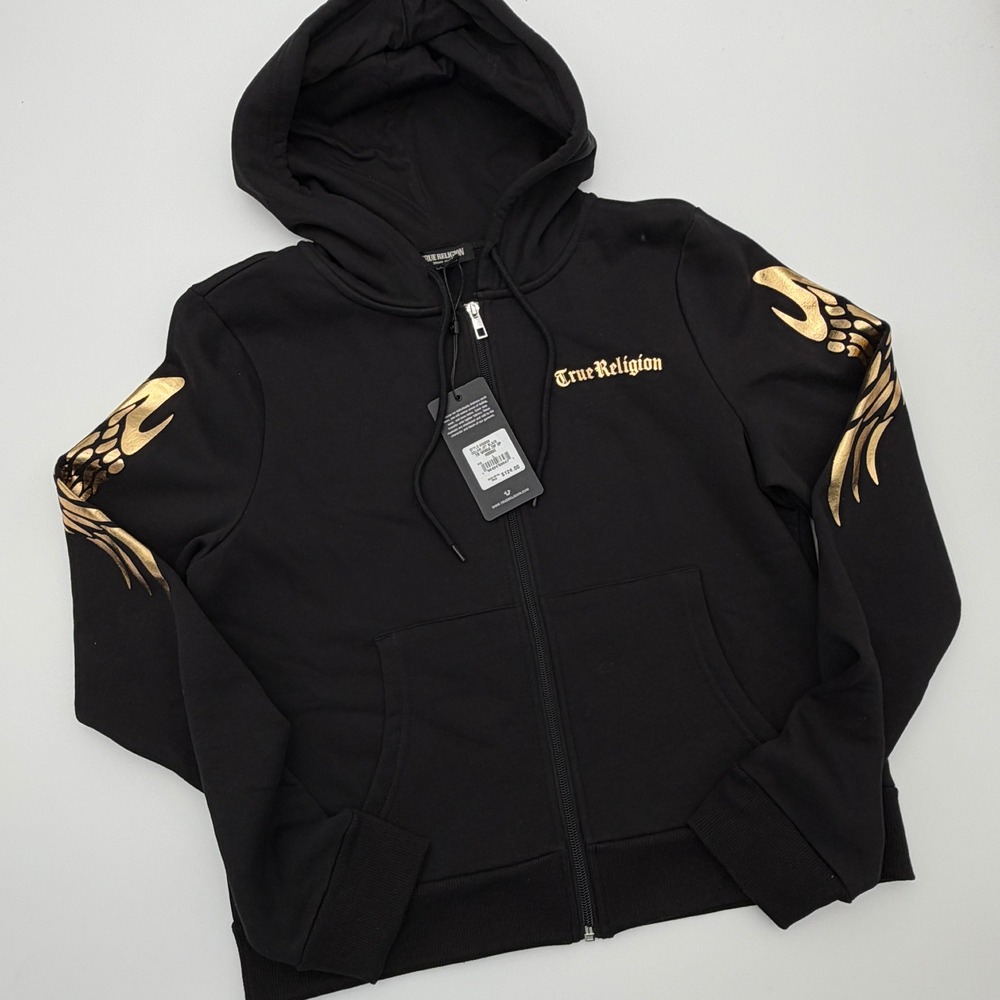 True Religion Mens TR Wings Zip Up Hoodie Jet Black Gold Metallic Large NEW